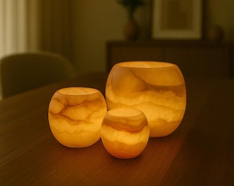 Sets of cylinder shape -  white Alabaster - 100 % by hand - natural stone - candle holder