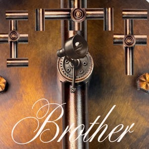 May include: Close-up of a bronze-colored metal wall art piece with three crosses and a spotlight. The word "Brother" is written in a cursive font across the bottom of the image. The background has a gradient of brown and gold.