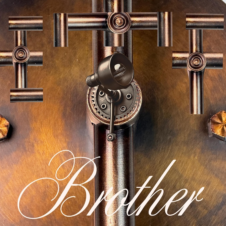 May include: Close-up of a bronze-colored metal wall art piece with three crosses and a spotlight. The word "Brother" is written in a cursive font across the bottom of the image. The background has a gradient of brown and gold.