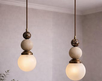 Double Marble Brass Light Pendant, Modern Mid Century Ceiling Lamp, Handcrafted Chandelier Lighting