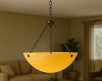 May include: A light fixture with a bowl-shaped shade made of alabaster. The shade is a light beige color with brown veins. The fixture is suspended from the ceiling by three chains.