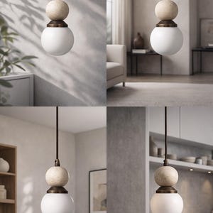 May include: A modern pendant light fixture with a white globe shade and a beige stone sphere above it. The fixture hangs from a dark brown cord. The light fixture is suspended in a room with neutral tones.