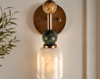 Handmade Marble Alabaster Wall Sconce, Brass Mid-Century Modern Light, Sakhawy Talisman Wall Sconce Lamp