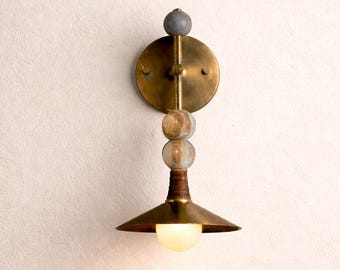 Auric Orb: 2 Wall Sconce Light , Aged Brass Wall Lamp with Marble Balls, Mid Century Modern Wall Light