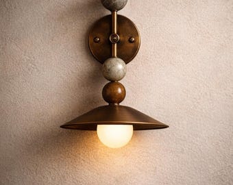 Modern Classic Marble Accent Wall Lamp, Aged Brass Cone Shade Wall Light, Brass Wall Sconce light with brass shade, Bathroom Vanity Light