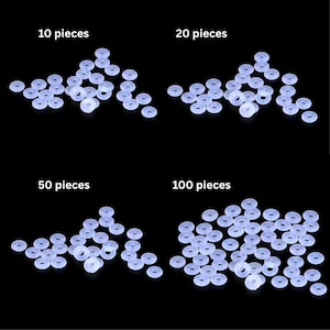 Puede incluir: Un conjunto de juntas tóricas translúcidas de color azul claro, en cantidades variables: 10, 20, 50 y 100 piezas. Las juntas tóricas se presentan sobre un fondo negro, con texto blanco que indica la cantidad de cada grupo.