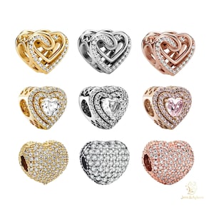 Heart Collection II Charm - Sterling Silver Gold, and Rose Gold Plated Compatible with Charm Pendant Bracelet Necklace