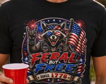 USA Feral But Free Raccoon 1776 T-Shirt | 4th of July Patriotic Humor