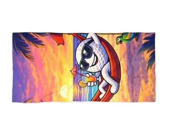 Golf Ball Beach Towel — Tropical Sunset Funny Golf Novelty Towel