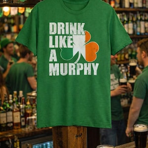 Op de afbeelding: Groen t-shirt met de witte tekst "DRINK LIKE A MURPHY" en een klaverblad met de kleuren van de Ierse vlag. Het shirt wordt getoond in een bar, met mensen en drankjes op de achtergrond.