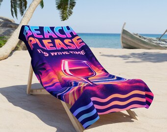 Vibrant Sunset Wine Beach Towel | Seaside Happy Hour Drink Graphic