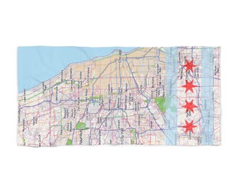Toalla de playa con la bandera del mapa de Chicago / Diseño de mapa de la ciudad, costa del lago Michigan