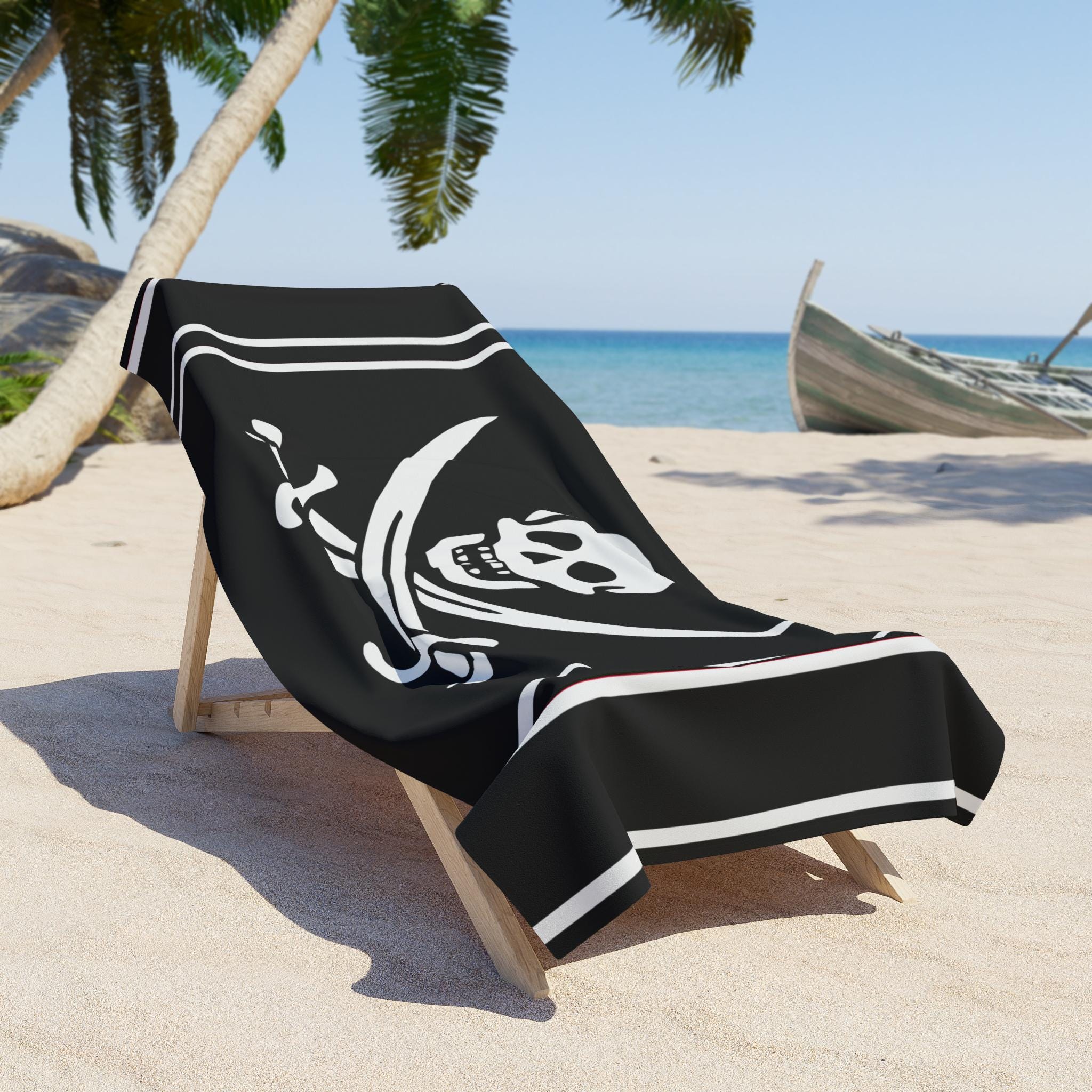Pirate Skull and Crossed Swords Beach Towel | Jolly Roger Striped