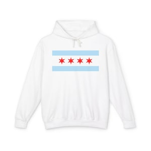 May include: White hooded sweatshirt with the Chicago flag printed on the front. The flag is blue and white with red stars.