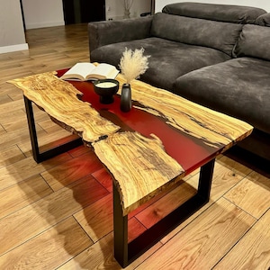 Amazing coffee table made of olive wood and epoxy resin with live edge, table for the living room, custom made table