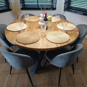 Extendable Round Oak Dining Table: Industrial Steel Frame, Loft Design