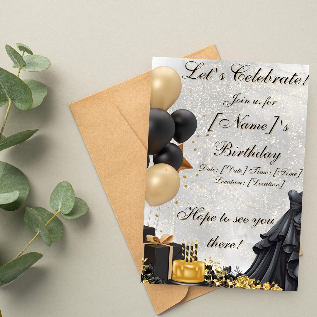 Black and Gold Birthday Invitation: Elegant Canva Template (PDF) - Etsy