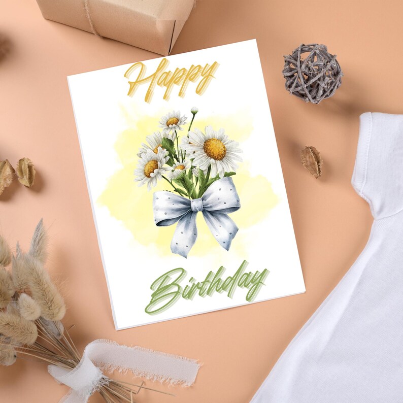 Daisy Birthday Card: Polka Dot Ribbon, Floral Greeting (PDF & JPEG) - Etsy