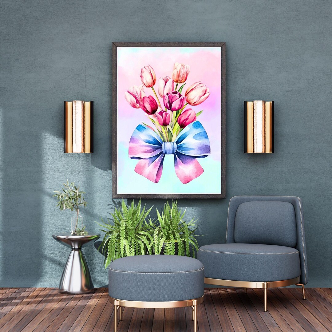 Pink Tulip Bouquet Art Print: Pastel Floral With Watercolor Bow (24x36 ...