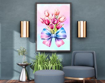 Impressão artística de buquê de tulipas rosa: floral pastel com laço em aquarela (download digital 24x36)