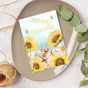 Cartão para impressão "Você é um raio de sol" | Cartão dobrável com gatinho e girassóis | Presente de incentivo para download digital