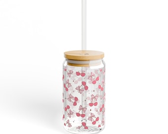 Cherry Blossom Sipper Glass: 16oz Tempered Glass with Bamboo Lid
