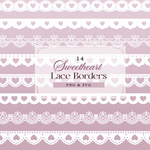 Könnte beinhalten: Eine Sammlung von 14 weißen Spitzenbordüren mit verschiedenen Designs, darunter Herzen und Blumenmuster, vor einem zartrosa Hintergrund. Der Text "Sweetheart Lace Borders" ist in eleganter Schrift dargestellt.