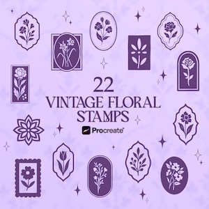 Vintage Floral Stempel für Procreate - 22 Retro Blumen Motive, Folk Art Botanical Clip Art, Tattoo Flash Brushes
