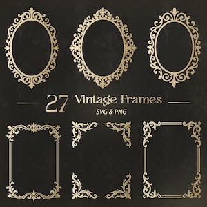 Op de afbeelding: Een verzameling van 27 gouden vintage frames, waaronder ovale en rechthoekige ontwerpen met sierlijke krulwerkpatronen. De tekst "27 Vintage Frames SVG & PNG" staat onder de frames op een donkere achtergrond.