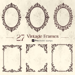 May include: A selection of 27 vintage frames in different shapes, including oval and rectangular designs. The frames are dark brown with elaborate, swirling details. The text "27 Vintage Frames" is displayed.