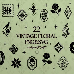 May include: A collection of 22 black vintage floral designs in PNG and SVG formats. The designs include various floral motifs, a bird, and geometric shapes, all set against a light green background with a subtle floral pattern.