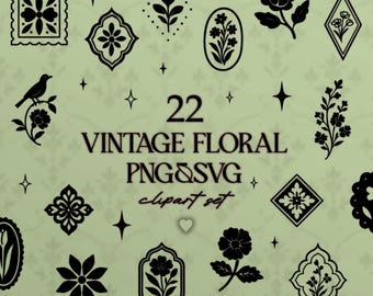 May include: A collection of 22 black vintage floral designs in PNG and SVG formats. The designs include various floral motifs, a bird, and geometric shapes, all set against a light green background with a subtle floral pattern.