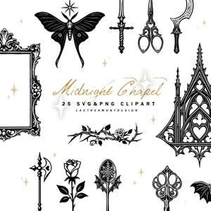 Może przedstawiać: Czarno-biały zestaw clipartów z ilustracjami w stylu gotyckim. Zawiera ćmę, miecz, nożyczki, ramkę i elementy architektoniczne. Widoczny jest również tekst "Midnight Chapel" i "25 SVG & PNG Clipart".