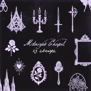May include: A collection of 25 stamps with a gothic theme, featuring a church, candelabra, sword, axe, rose, heart, and ornate frames. The text "Midnight Chapel" and "25 stamps" are written in a cursive font on a black background.