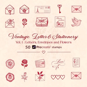 Set de sellos Procreate con letras vintage: 50 sobres románticos, rosas, llaves, sellos de lacre y elementos florales de papelería