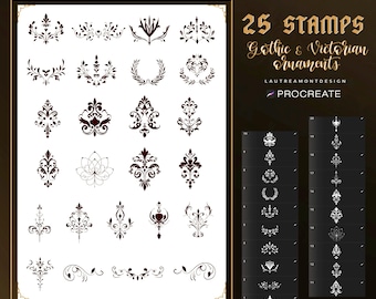 Gothic Victorian Procreate Stamps, 25 Ornamental Brushes, Tattoo Design Clipart