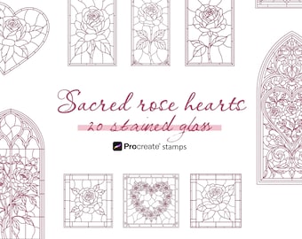 Gothic Stained Glass Rose Heart Procreate Stamps – 20 Brush Set