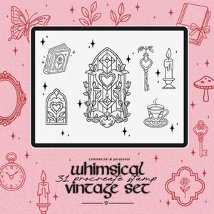 Grillige Vintage Procreate Stamps – 31 clipartpenselen voor iPad Tekenen | Magische lijntekeningen voor stickers, tijdschriften en tattoo-ideeën