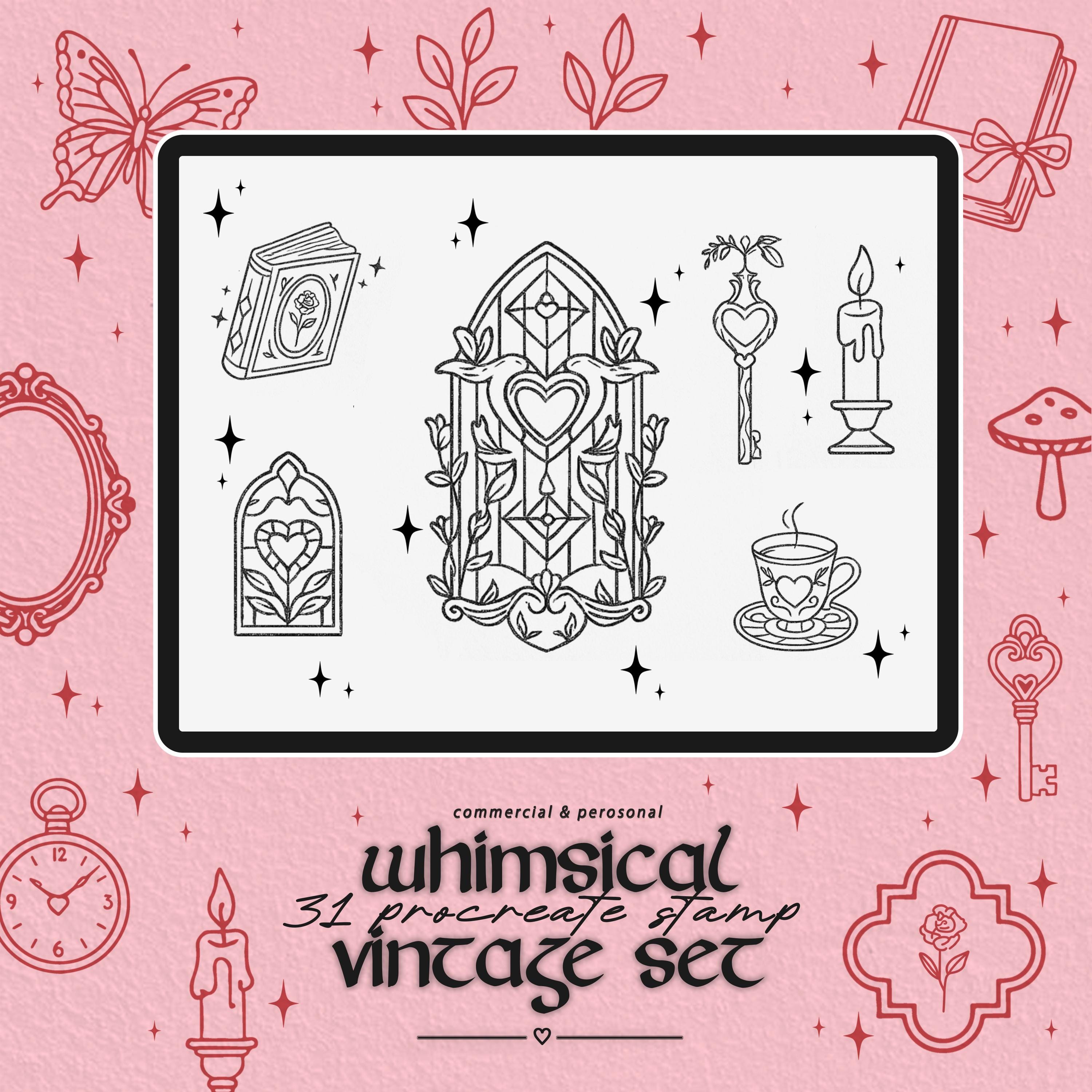 Whimsical Vintage Procreate Stamps – 31 Magic Line Art Brushes for iPad, Stickers, Journals & Tattoo Design