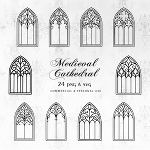 Puede incluir: Conjunto de ilustraciones en línea negra de ventanas de catedrales medievales. Las ventanas presentan intrincados diseños góticos sobre un fondo blanco con un sutil patrón floral. El texto dice "Medieval Cathedral" y "24 PNG & SVG".