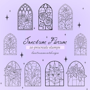 May include: A collection of black and white floral designs in the style of stained glass windows. The image includes roses, tulips, and lilies, with the text "Sanctum Florum 20 procreate stamps lautreamontdesign."