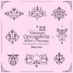 May include: A collection of 22 vintage ornaments in a dark purple hue, displayed on a light pink background. The image includes decorative flourishes and the text "Vintage Ornaments Velvet Flourishes Decorative Brushes" and the Procreate logo.