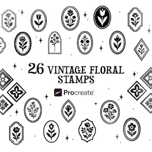 Puede incluir: Una colección de 26 sellos florales vintage en blanco y negro. Los sellos presentan varios diseños florales dentro de marcos ovalados, de diamante y rectangulares. Se muestra el texto "26 VINTAGE FLORAL STAMPS", junto con el logotipo de Procreate.