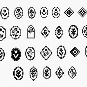 May include: A set of 30 black and white floral design icons. The icons are in various shapes, including circles, squares, and diamonds. The designs feature stylized flowers, leaves, and stems.