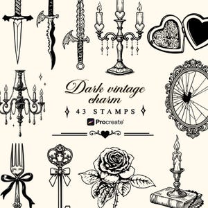 Donkere vintage bedel – Procreate-stempelset | Gothic tattoo-penselen, antieke inktillustraties, vintage clipart-tekeningen voor iPad