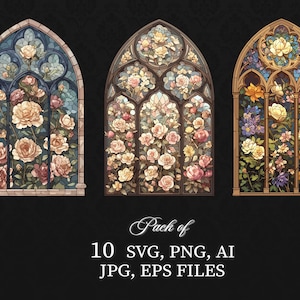 May include: Three stained glass windows with floral designs. The windows are arched and have a dark brown frame. The flowers are in shades of pink, yellow, and blue.