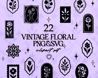 May include: A collection of 22 vintage floral PNG and SVG clipart set. The black and white illustrations feature various flower designs in different frames and shapes, with star accents on a lavender background.