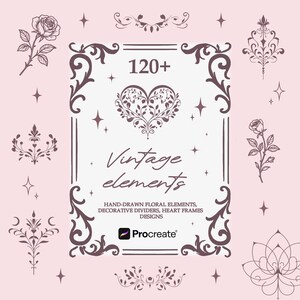 Puede incluir: Un diseño de arte digital con elementos vintage sobre un fondo rosa. El diseño incluye elementos florales, divisores decorativos, marcos de corazón y el texto "120+ Vintage elements". El logotipo de Procreate también es visible.