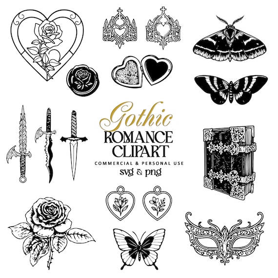 Gothic Romance Clipart Set: Black Line Art, Tattoo Flash (SVG & PNG)