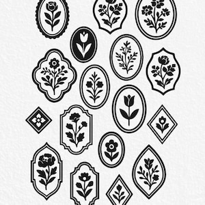 May include: A collection of 16 black and white floral illustrations in various frame shapes. The illustrations feature different types of flowers and leaves, including tulips, roses, and ferns.